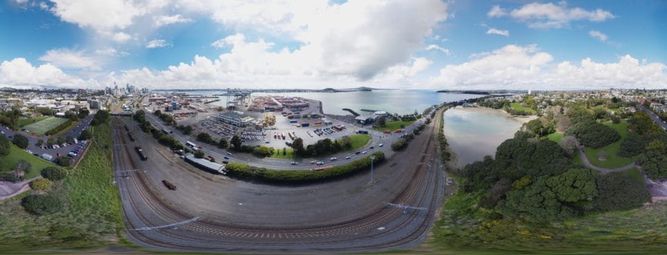 Aerial View Auckland City. Aerial 360 Panorama of Auckland city with Auckland Port on right side and Auckland city in the background.